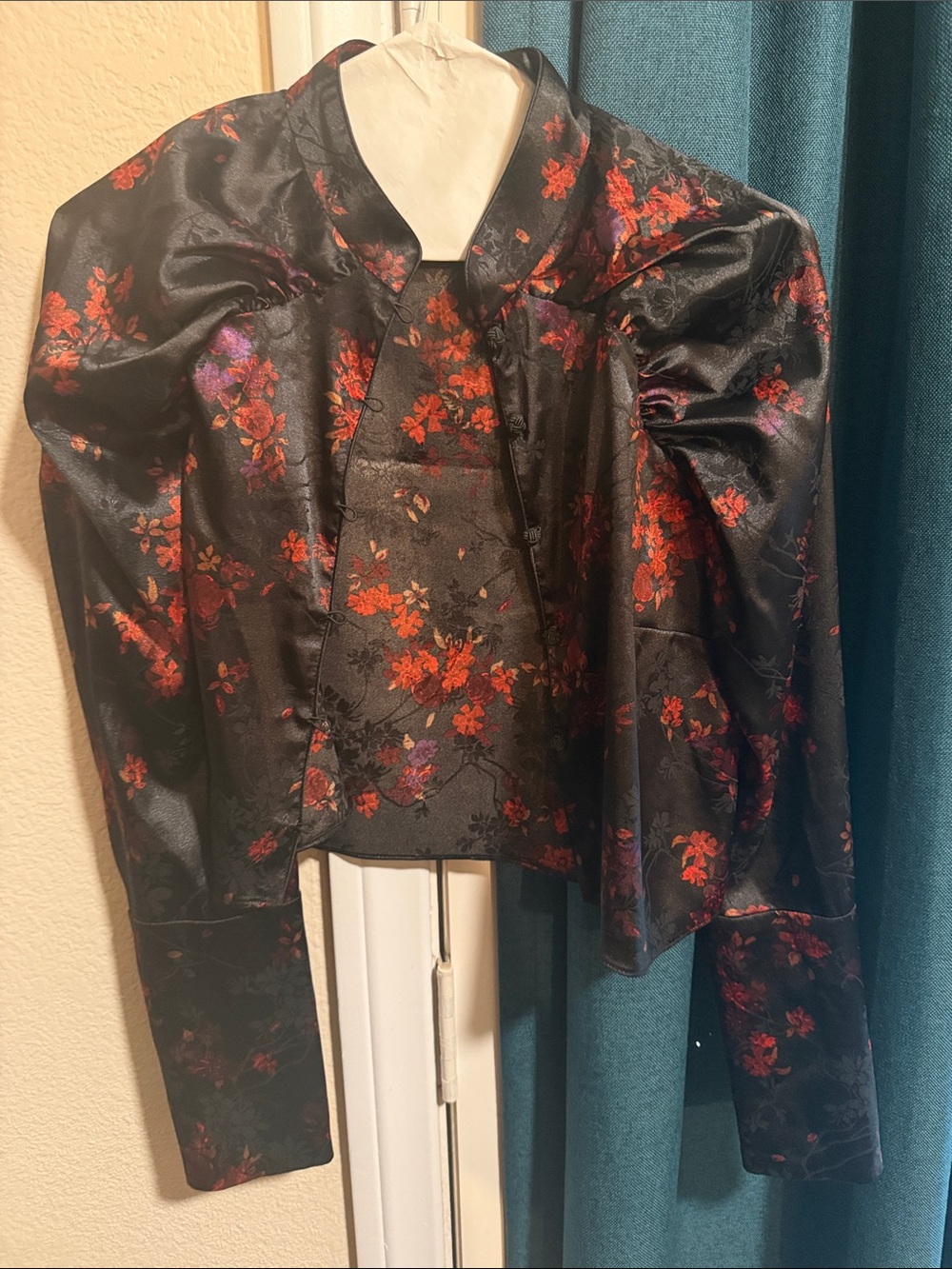 Zara Black Satin Crop Jacket with Red Floral Print
